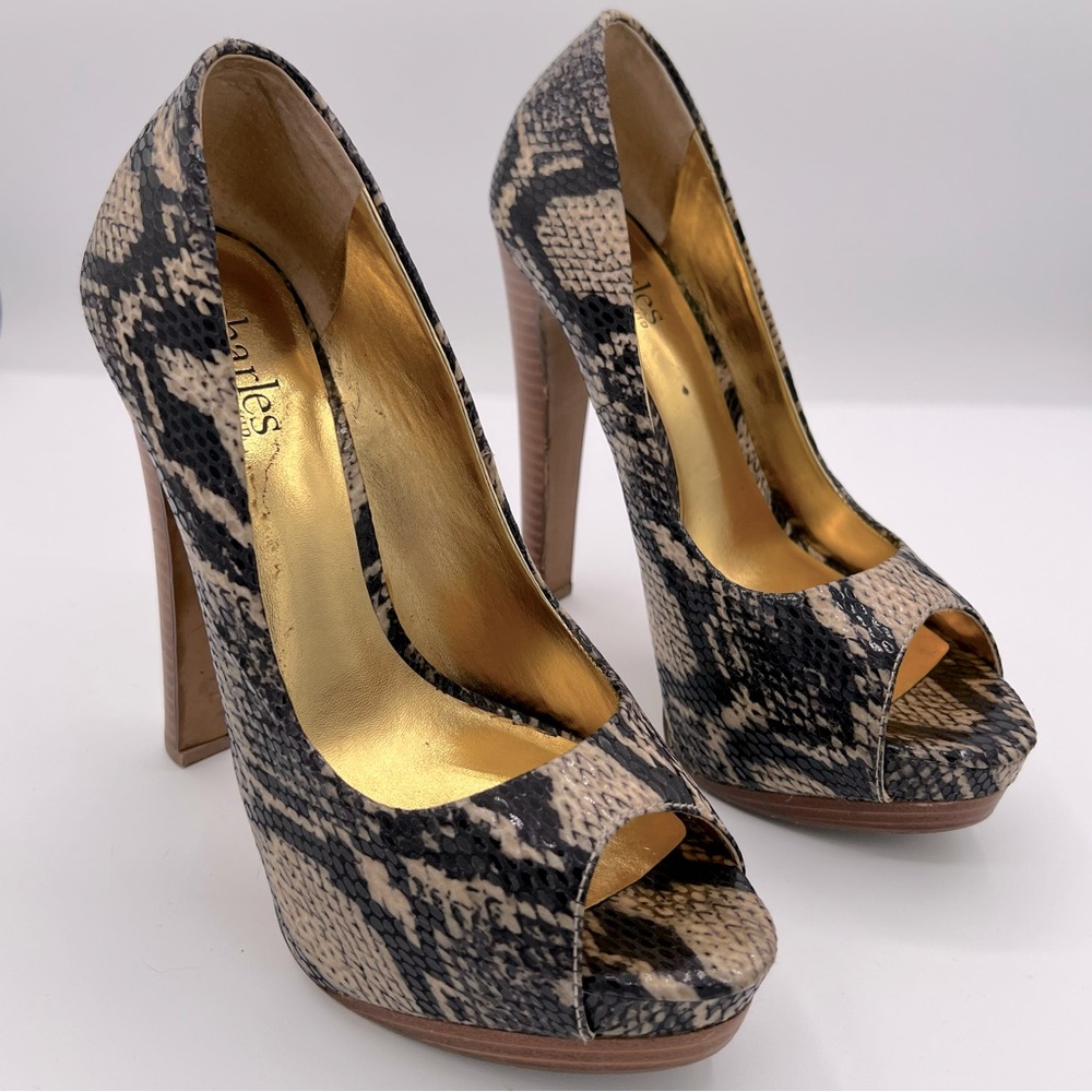 Charles David 5.5” Faux Snakeskin Open Toe Pump Heels
